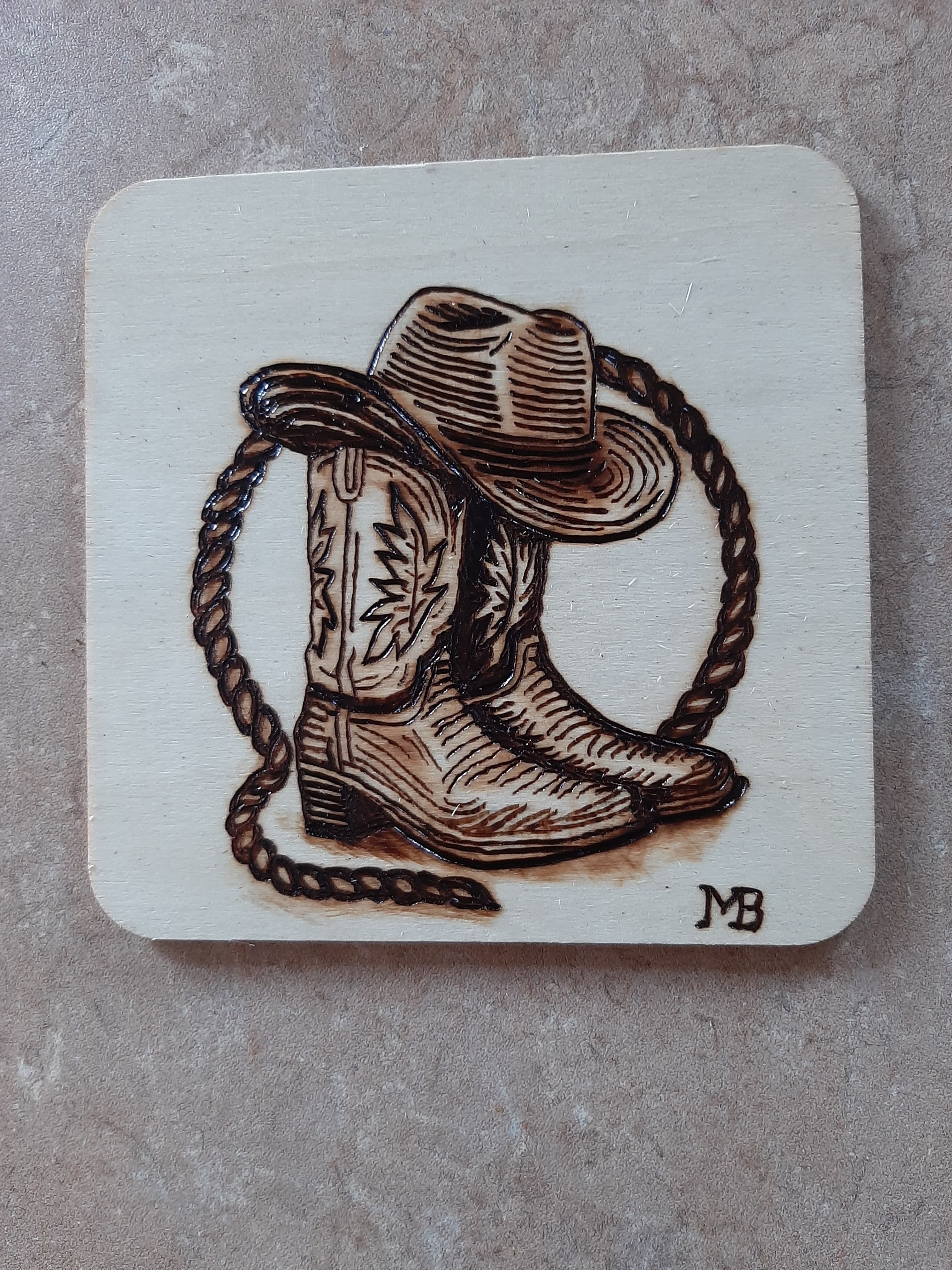 Sous verre Bottes-Chapeau et Lasso foncé